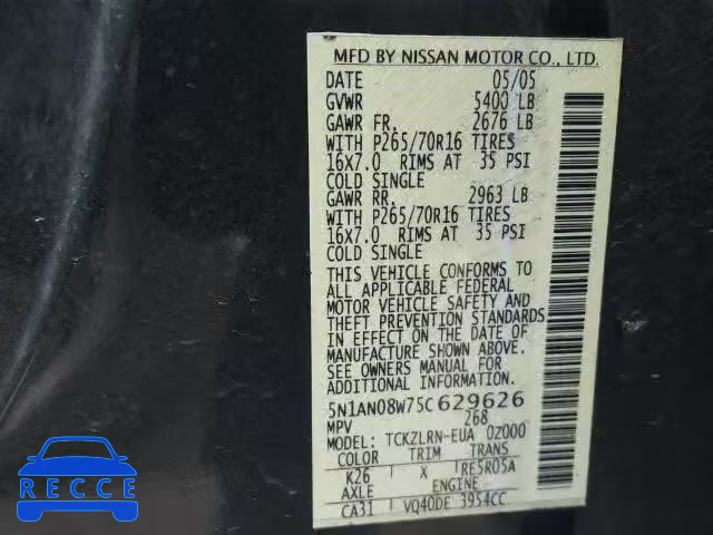 2005 NISSAN XTERRA OFF 5N1AN08W75C629626 зображення 9