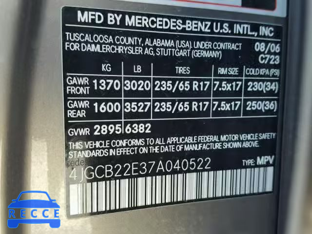 2007 MERCEDES-BENZ R 320 CDI 4JGCB22E37A040522 зображення 9