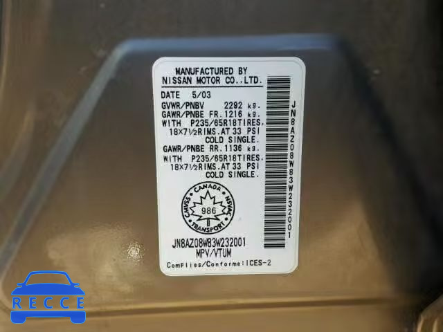 2003 NISSAN MURANO SL JN8AZ08W83W232001 image 9