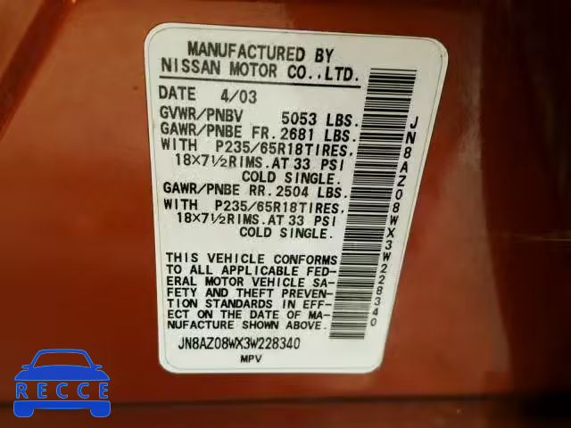 2003 NISSAN MURANO SL JN8AZ08WX3W228340 image 9