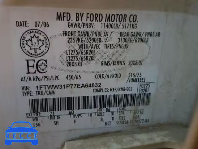 2007 FORD F350 SRW S 1FTWW31P77EA64832 image 9