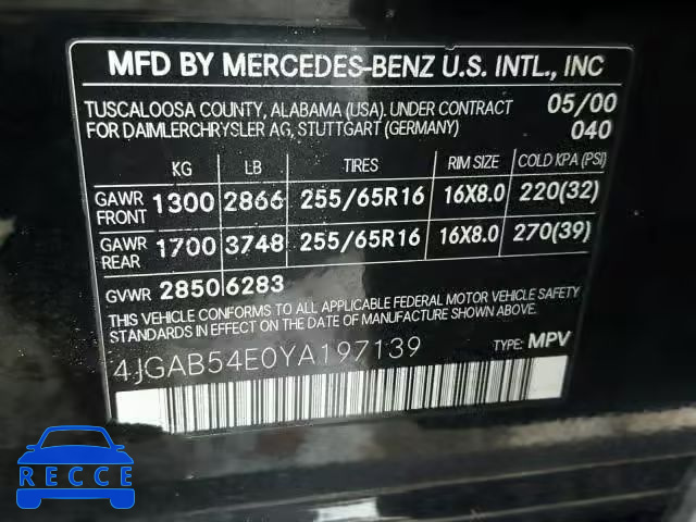 2000 MERCEDES-BENZ ML 320 4JGAB54E0YA197139 зображення 9