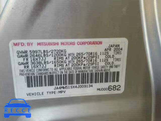 2004 MITSUBISHI MONTERO LI JA4MW51SX4J009134 image 9