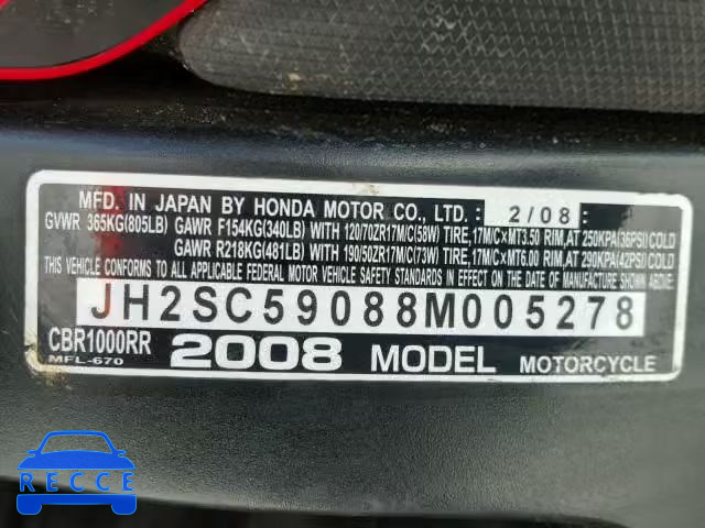 2008 HONDA CBR1000 RR JH2SC59088M005278 зображення 9