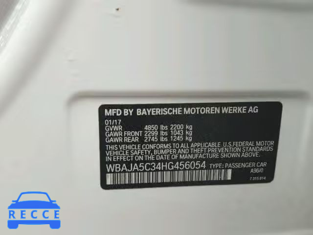 2017 BMW 530 I WBAJA5C34HG456054 зображення 9