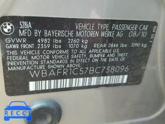 2011 BMW 528 I WBAFR1C57BC738096 image 9