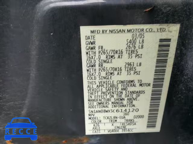 2005 NISSAN XTERRA OFF 5N1AN08WX5C614120 зображення 9