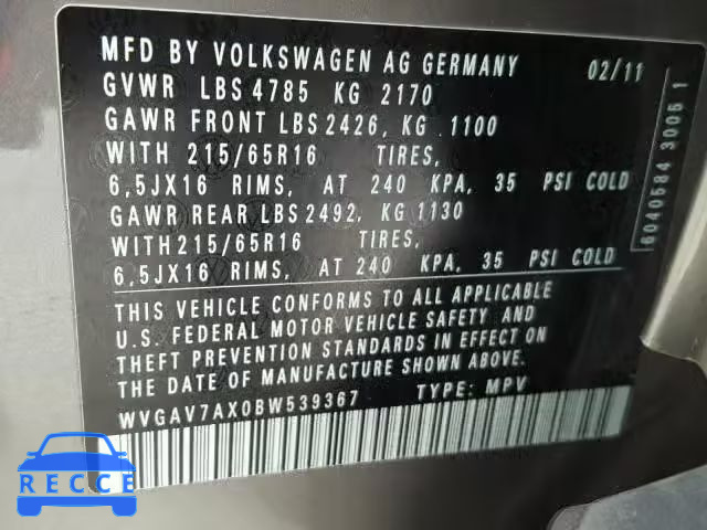 2011 VOLKSWAGEN TIGUAN S WVGAV7AX0BW539367 image 9