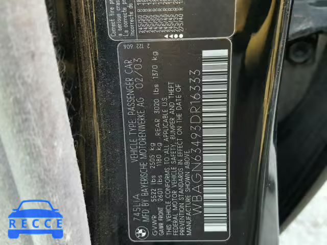 2003 BMW 745 LI WBAGN63493DR16333 image 9