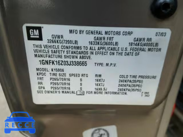 2003 CHEVROLET SUBURBAN K 1GNFK16Z03J338665 image 9