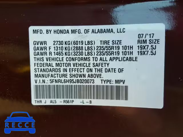 2018 HONDA ODYSSEY EL 5FNRL6H95JB020073 image 9