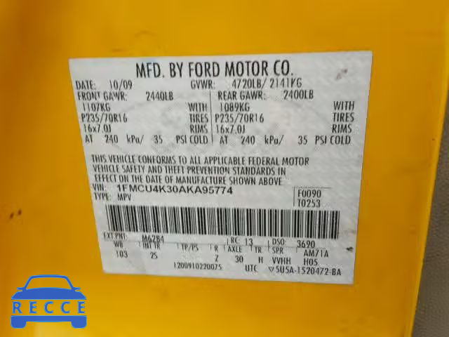 2010 FORD ESCAPE HYB 1FMCU4K30AKA95774 Bild 9