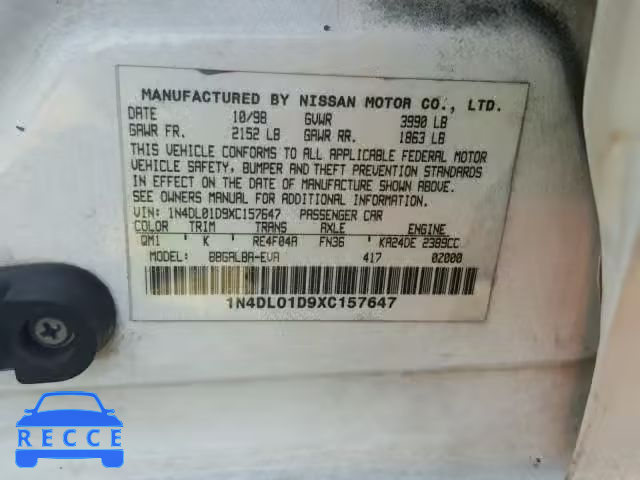 1999 NISSAN ALTIMA XE 1N4DL01D9XC157647 image 9