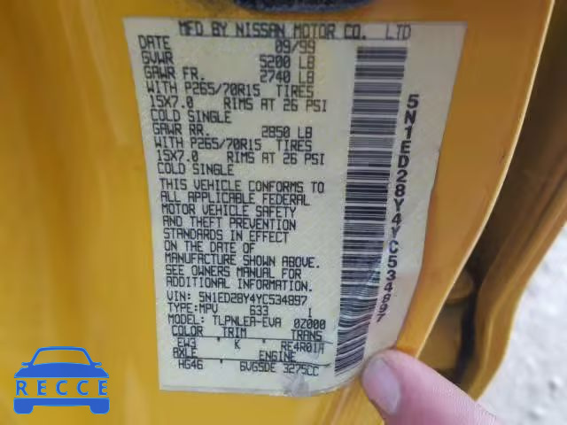 2000 NISSAN XTERRA XE 5N1ED28Y4YC534897 image 9