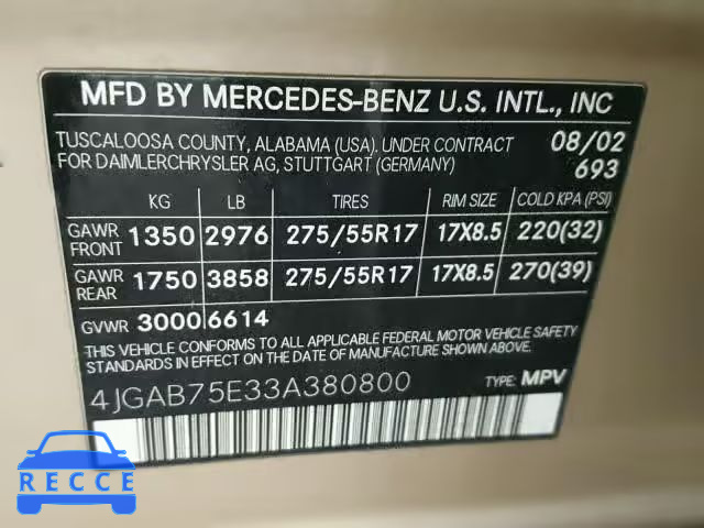 2003 MERCEDES-BENZ ML 500 4JGAB75E33A380800 image 9