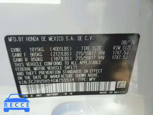 2016 HONDA HR-V EX 3CZRU5H54GM755534 image 9