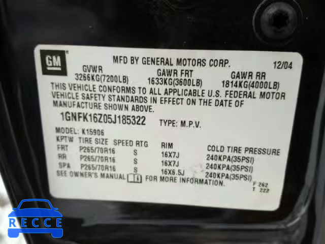 2005 CHEVROLET SUBURBAN K 1GNFK16Z05J185322 image 9