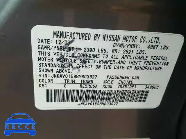 2008 INFINITI M35 BASE JNKAY01E98M603927 image 9