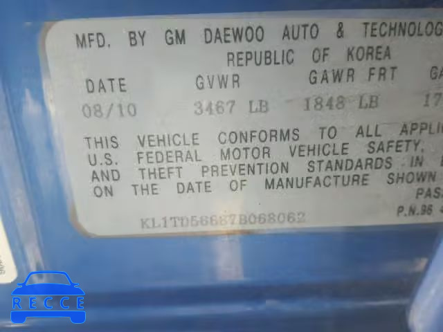 2007 CHEVROLET AVEO BASE KL1TD56687B068062 image 9