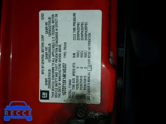 2004 GMC SONOMA 1GTDT13X14K145257 image 9