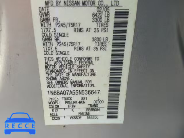 2005 NISSAN TITAN XE 1N6BA07A55N536647 image 9