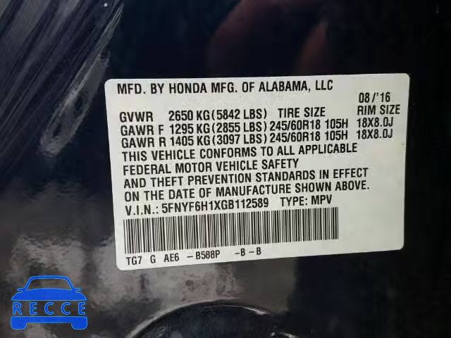 2016 HONDA PILOT LX 5FNYF6H1XGB112589 image 9