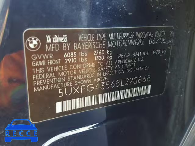 2008 BMW X6 XDRIVE3 5UXFG43568L220868 image 9