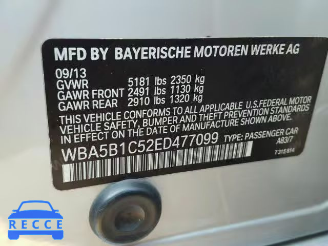 2014 BMW 535 I WBA5B1C52ED477099 зображення 9