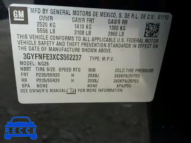 2012 CADILLAC SRX PREMIU 3GYFNFE3XCS562237 image 9