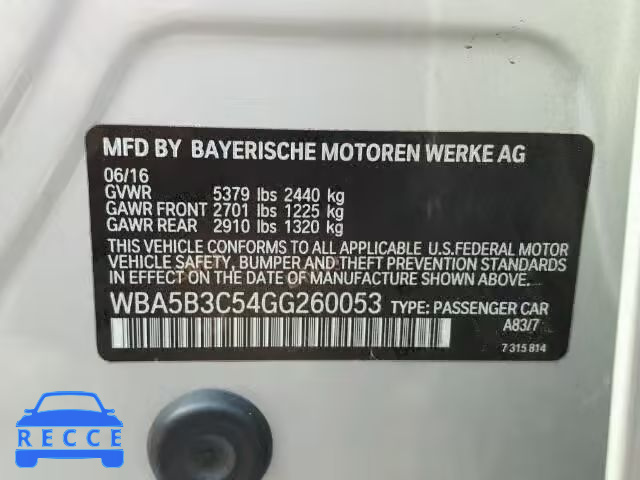 2016 BMW 535XI WBA5B3C54GG260053 зображення 9