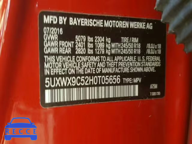 2017 BMW X3 5UXWX9C52H0T05656 зображення 9