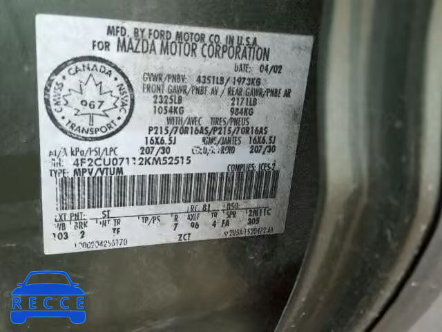 2002 MAZDA TRIBUTE DX 4F2CU07112KM52515 image 9