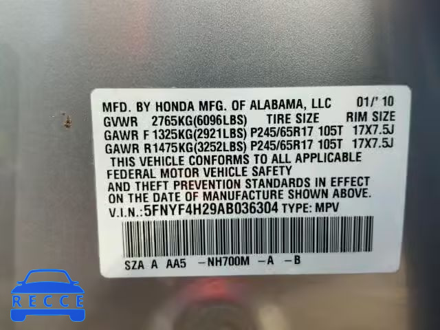 2010 HONDA PILOT LX 5FNYF4H29AB036304 image 9