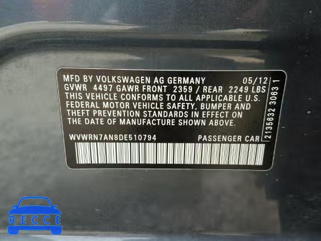 2013 VOLKSWAGEN CC LUXURY WVWRN7AN8DE510794 зображення 9