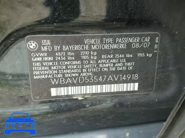 2007 BMW 335XI WBAVD53547AV14918 зображення 9