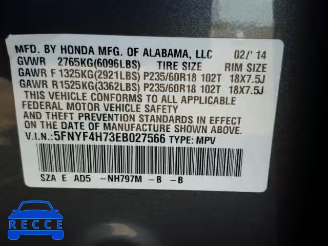 2014 HONDA PILOT EXLN 5FNYF4H73EB027566 image 9