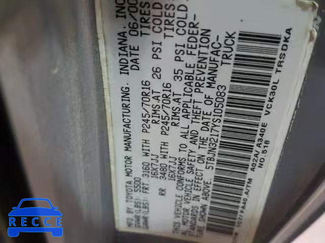 2000 TOYOTA TUNDRA 5TBJN3217YS105083 image 9