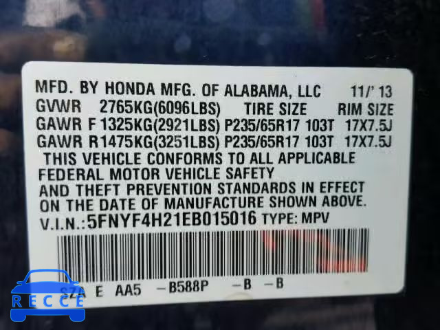 2014 HONDA PILOT LX 5FNYF4H21EB015016 image 9