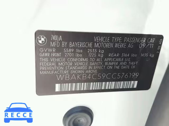 2012 BMW 740 LI WBAKB4C59CC576199 image 9