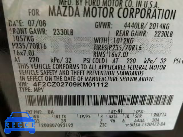 2009 MAZDA TRIBUTE I 4F2CZ02709KM01112 Bild 9