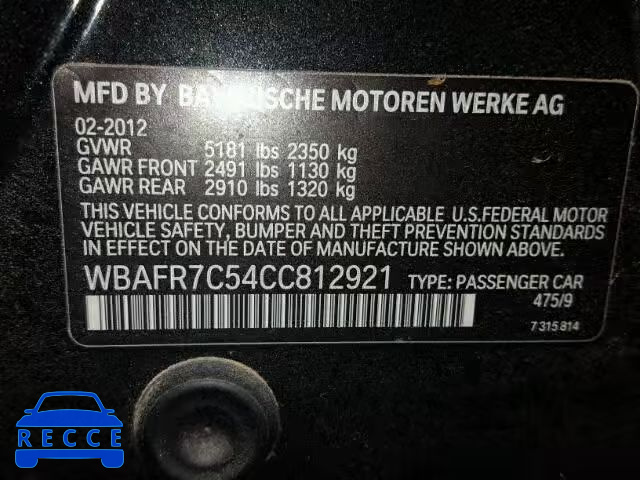 2012 BMW 535 WBAFR7C54CC812921 зображення 9
