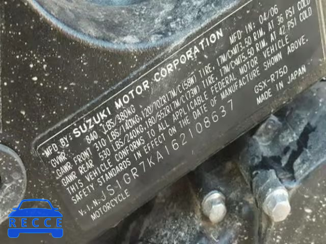 2006 SUZUKI GSX-R750 JS1GR7KA162108637 Bild 9