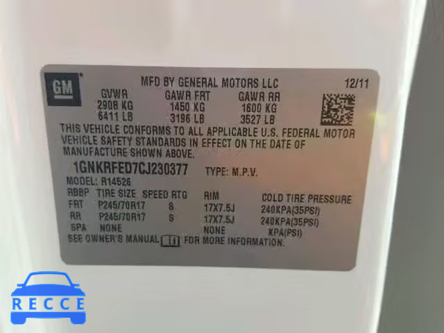 2012 CHEVROLET TRAVERSE 1GNKRFED7CJ230377 image 9