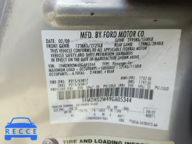 2009 FORD TAURUS X 1FMDK02W49GA05344 Bild 9