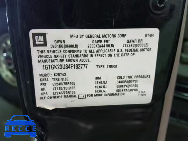 2004 GMC SIERRA 1GTGK23U84F182777 image 9