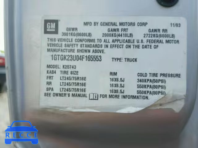 2004 GMC SIERRA 1GTGK23U04F165553 image 9