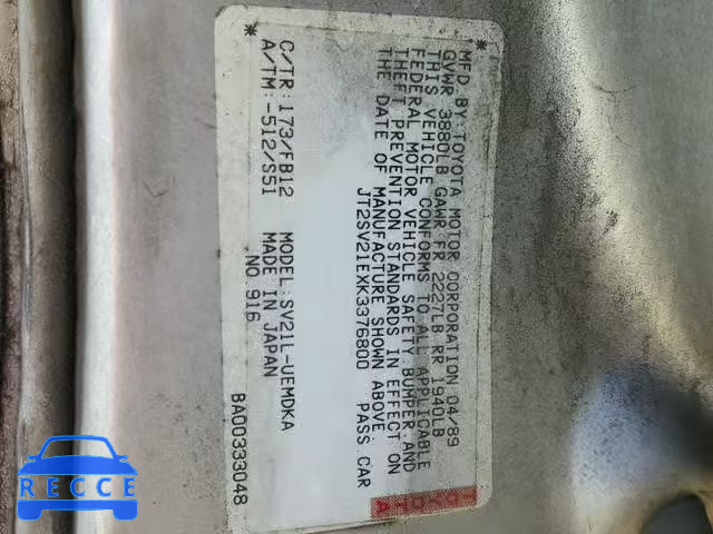 1989 TOYOTA CAMRY JT2SV21EXK3376800 image 9