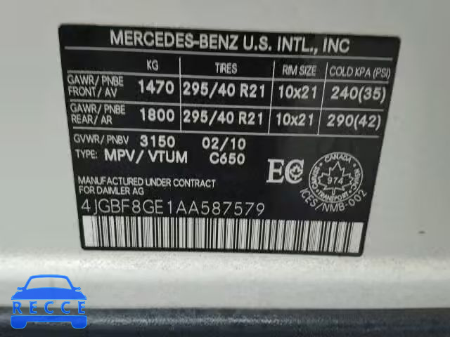 2010 MERCEDES-BENZ GL 550 4MA 4JGBF8GE1AA587579 Bild 9