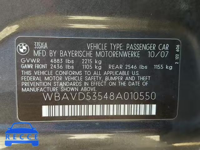 2008 BMW 335 XI WBAVD53548A010550 зображення 9