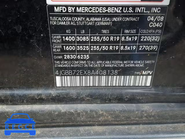 2008 MERCEDES-BENZ ML 550 4JGBB72EX8A408138 image 9